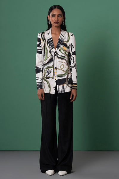 Multicolour embroidered abstract printed blazer