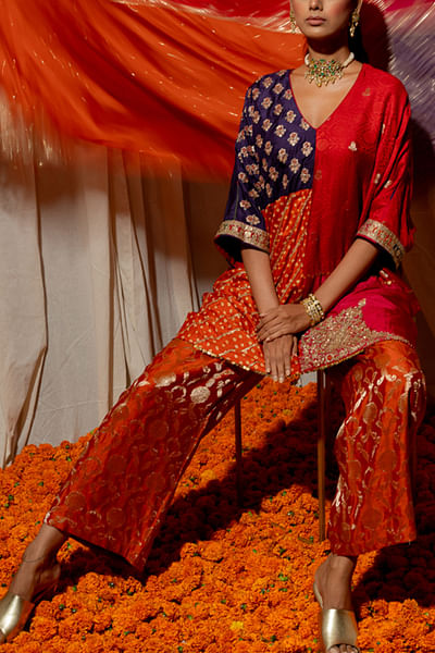 Multicolour embroidered bandhani kaftan set