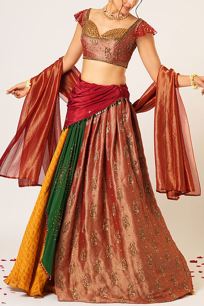 Multicolour embroidered draped lehenga set