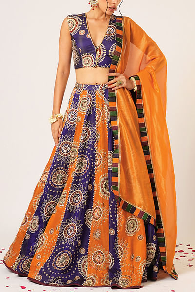 Multicolour embroidered panelled lehenga set