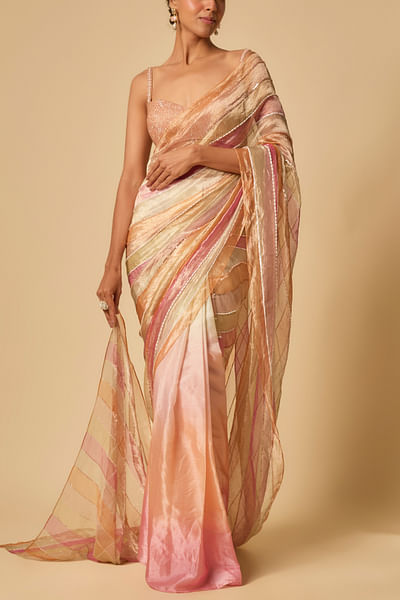 Multicolour embroidered pre-draped sari set