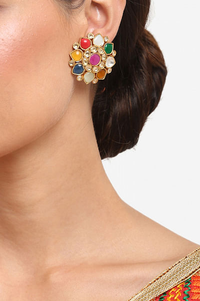 Multicolour faux kundan and stone earrings
