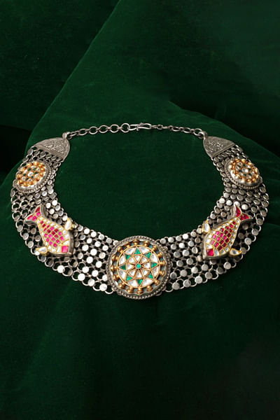 Multicolour fish and floral kundan necklace