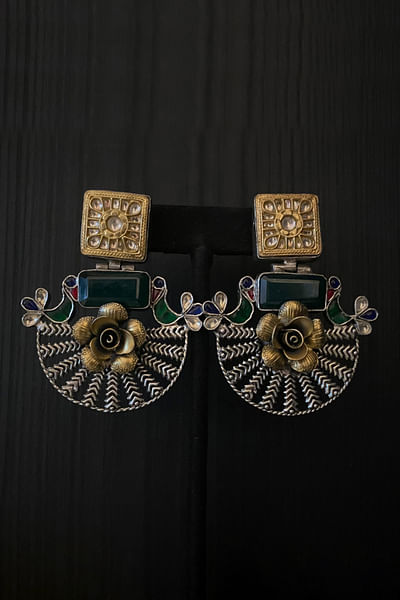 Multicolour floral and bird kundan stone earrings