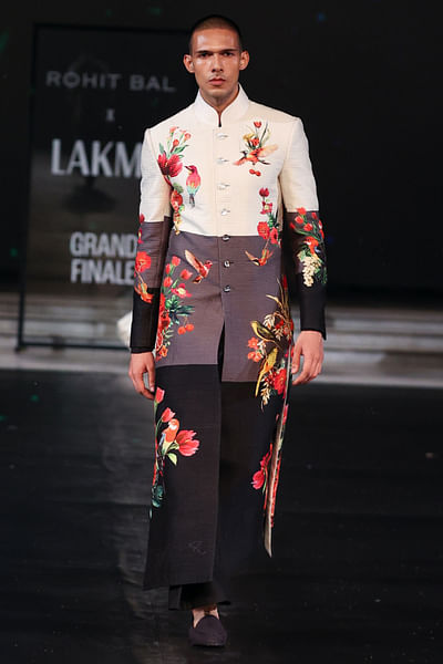 Multicolour floral and bird printed sherwani