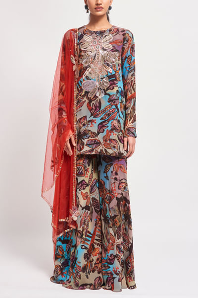 Multicolour floral and butterfly print sharara set
