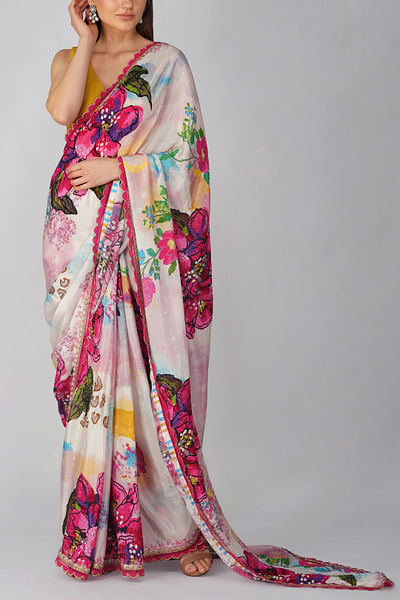 Multicolour floral and leaf print sari set