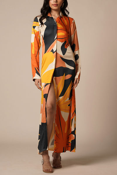 Multicolour floral and leaf print shirt dress