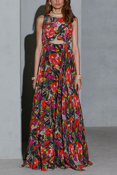 Multicolour floral and leaf printed gown