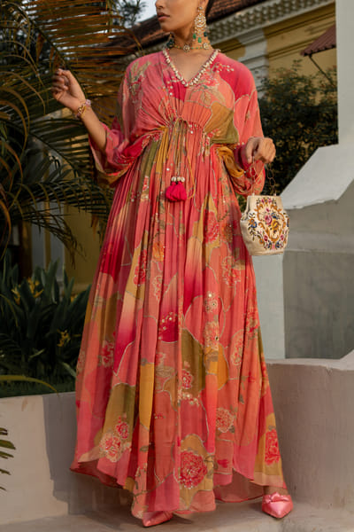 Multicolour floral and leaf printed kaftan