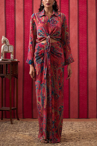 Multicolour floral and paisley printed drape skirt set