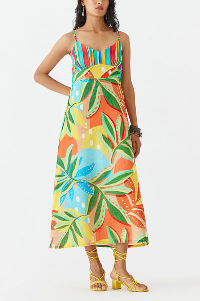 Multicolour floral and stripe printed dress