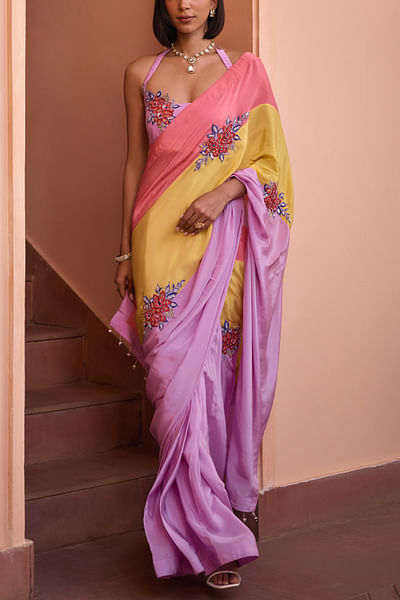 Multicolour floral colour block sari set