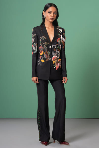 Multicolour floral embroidered blazer set