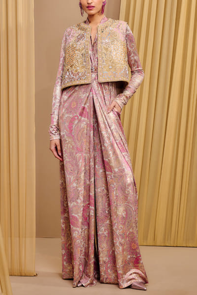 Multicolour floral embroidered brocade gilet