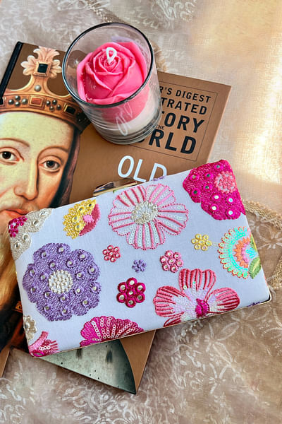 Multicolour floral embroidered clutch