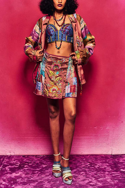 Multicolour floral embroidered skirt