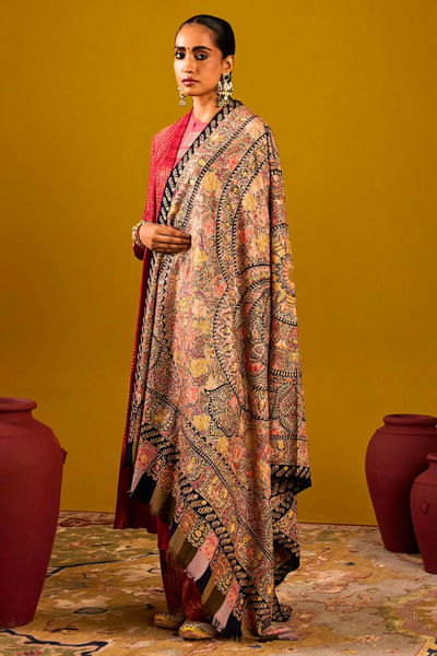 Multicolour floral kalamkari painted shawl