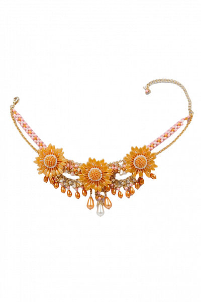 Multicolour floral pearl and bead choker