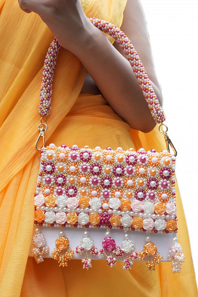 Multicolour floral pearl and bead handbag