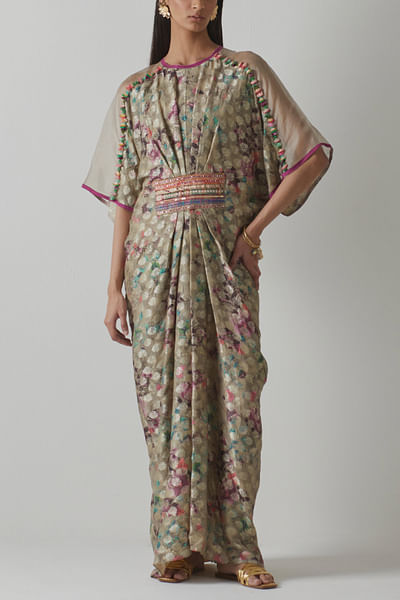 Multicolour floral print brocade kaftan