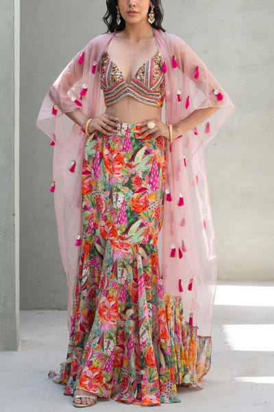 Multicolour floral print cape set