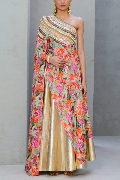 Multicolour floral print one-shoulder cape set