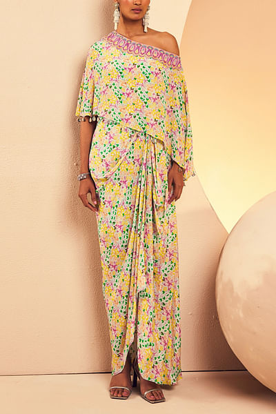 Multicolour floral print one-shoulder dhoti dress