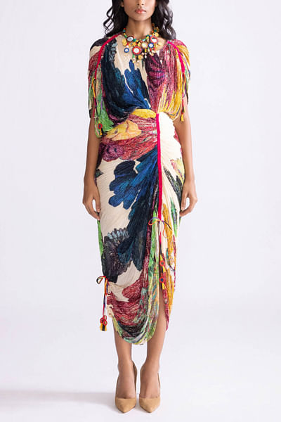 Multicolour floral print pleated kaftan dress