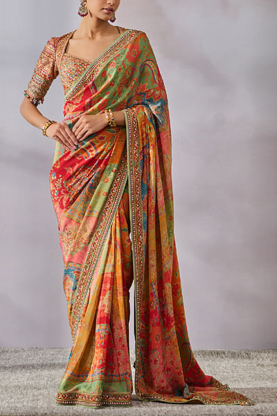 Multicolour floral print sari set