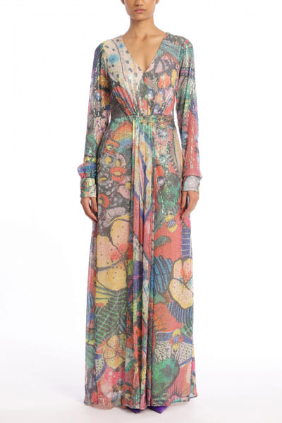 Multicolour floral print sequinned blazer gown