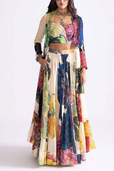 Multicolour floral print tiered jacket lehenga set