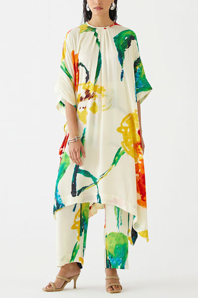 Multicolour floral printed asymmetrical kurta set