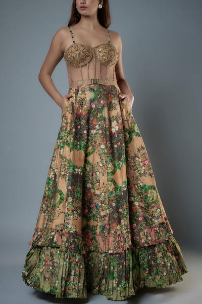 Multicolour floral printed corset gown