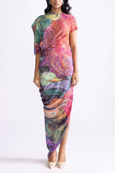 Saaksha & Kinni Multicolour floral printed draped dress SKKSEP24D225