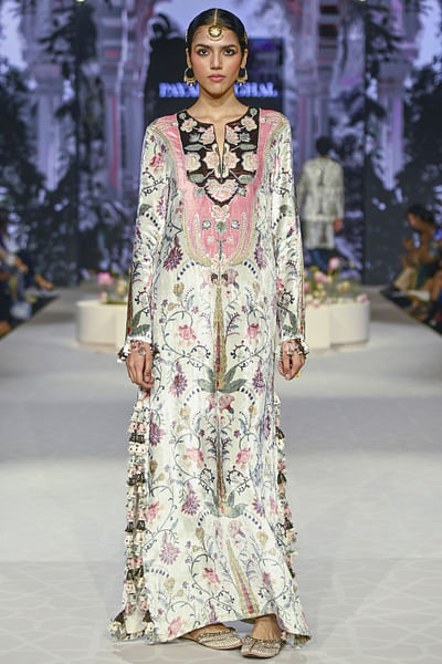 Multicolour floral printed embroidered kaftan