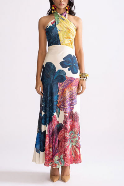 Multicolour floral printed halter dress