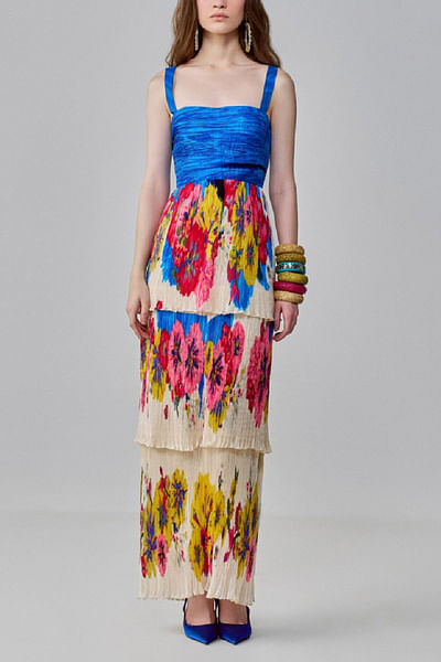 Multicolour floral printed layered dress