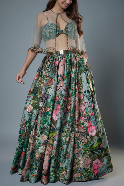 Multicolour floral printed lehenga cape set
