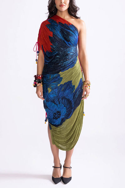 Multicolour floral printed one-shoulder dress