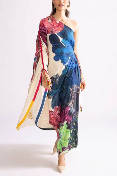 Multicolour floral printed one-shoulder kaftan