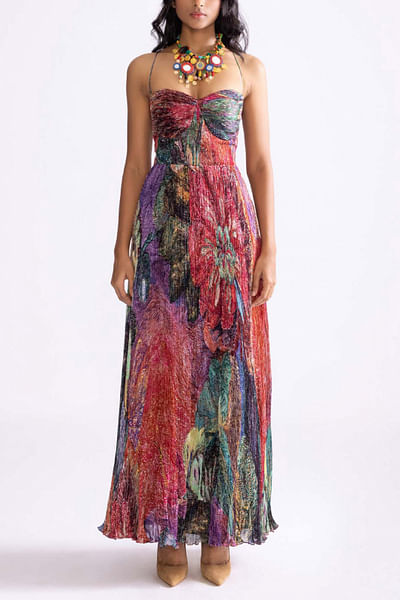 Multicolour floral printed pleated maxi dress