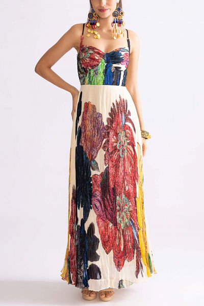 Multicolour floral printed pleated maxi dress