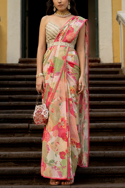 Multicolour floral printed pre-drape sari set