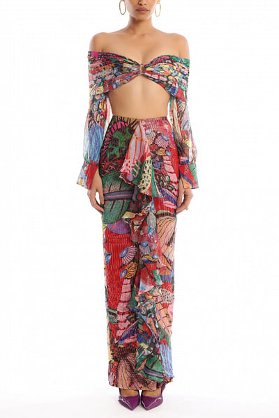 Multicolour floral printed ruffled skirt set