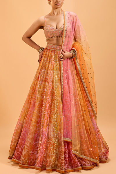 Multicolour floral printed sequin lehenga set