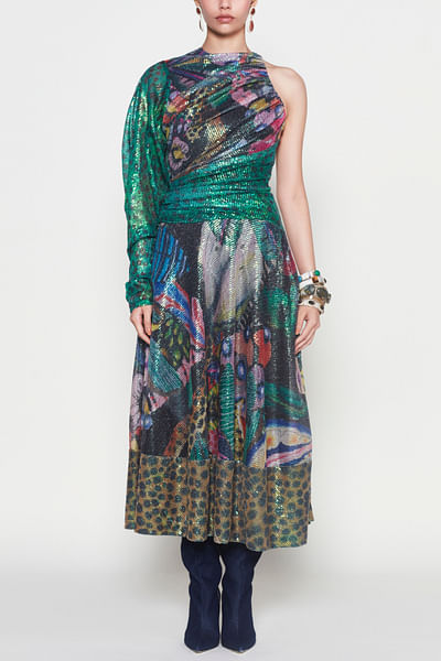 Multicolour floral printed sequinned dress