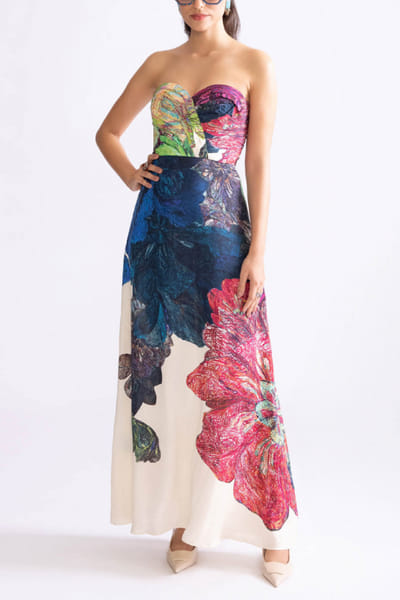 Multicolour floral printed strapless dress