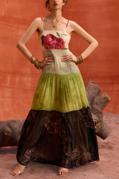 Multicolour floral printed tiered maxi dress