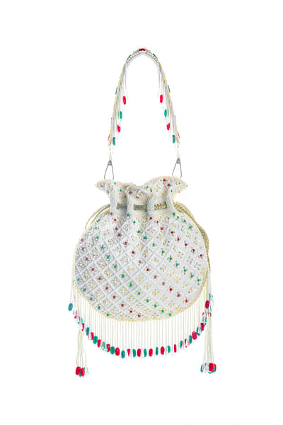 Multicolour geometric bead tasselled potli bag